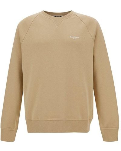 Balmain Beige Crewneck Sweatshirt With Contrasting Logo Print At The Front In Cotton Man - Natural