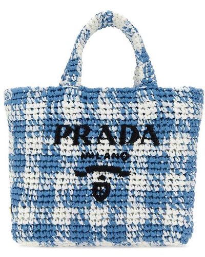 Prada Logo-knitted Small Crochet Tote Bag - Blue