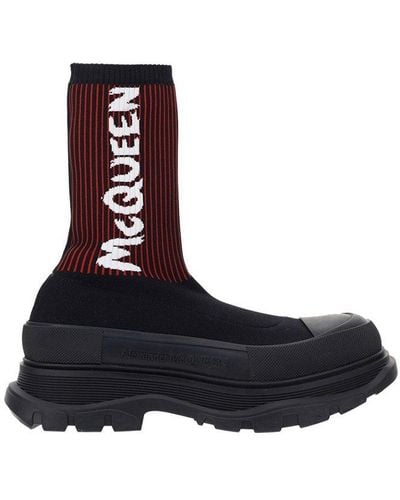 Alexander McQueen Logo Intarsia High Ankle Sock Boots - Blue