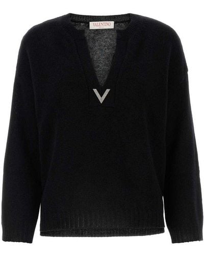 Valentino V-neck Long-sleeved Jumper - Black