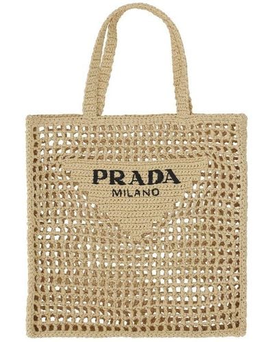 Prada Logo Printed Woven Tote Bag - Natural