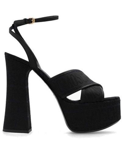 Moschino High Block Heel Logo Printed Platform Sandals - Black