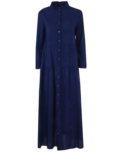 Aspesi Tiered Long-sleeved Maxi Shirt Dress - Blue