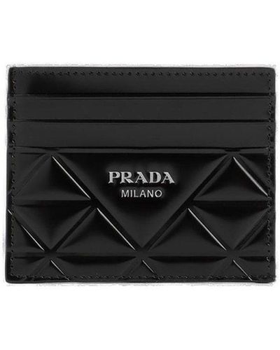 Prada Logo Printed Geometric Patterned Cardholder - Black