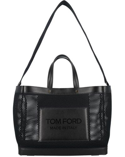 Tom Ford Mesh And Leather T Screw Small E/w Shopping Bag - Black