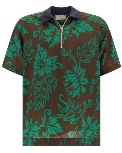 Sacai Allover Floral Printed Half-zip Polo Shirt - Green