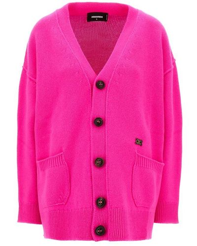 DSquared² Logo Patch V-neck Knitted Cardigan - Pink