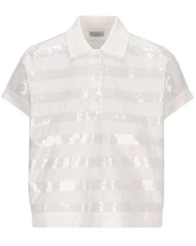 Brunello Cucinelli Sequin-Embellished Polo Top - White