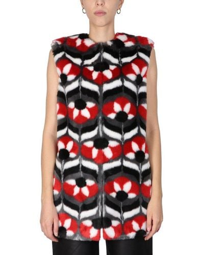 Boutique Moschino Graphic Print Faux Fur Vest - Red
