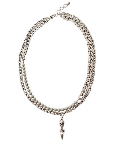 Alexander McQueen Silver Double-layered Chain Necklace With Pearls And Skull Charm In Brass - Metallic