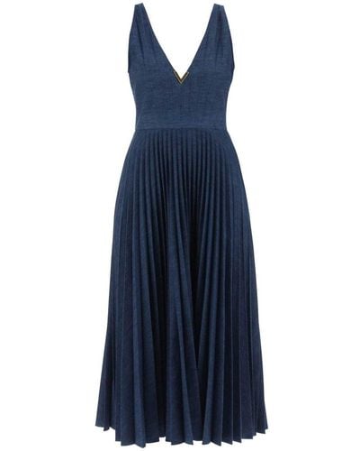 Valentino Vgold V-neck Pleated Dress - Blue
