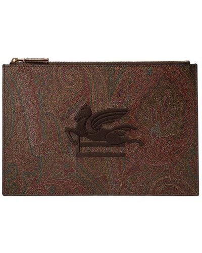 Etro Paisley Printed Logo Embroidered Pouch - Brown