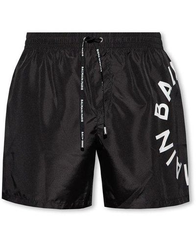 Balmain Logo Print Drawstring Swim Shorts - Black