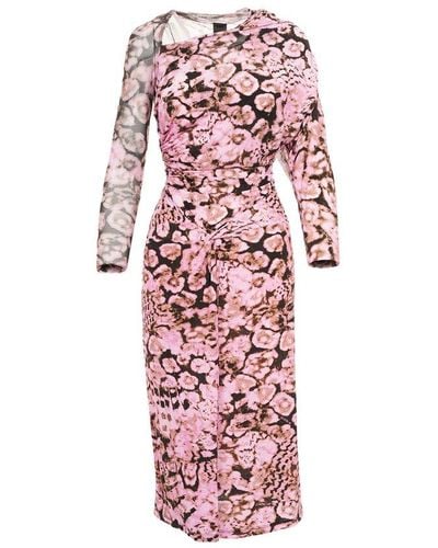 Pinko Floral-printed Long-sleeved Gathered Midi Dress - Pink