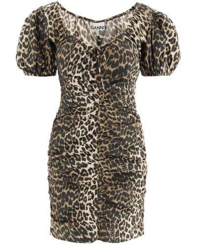 Ganni Leopard Poplin Mini Dress - Black