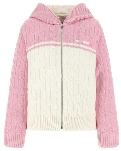 Miu Miu Colour Block Hooded Knit Jacket - Pink