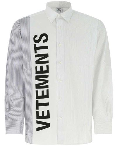 Vetements Logo Printed Striped Long-sleeved Shirt - White