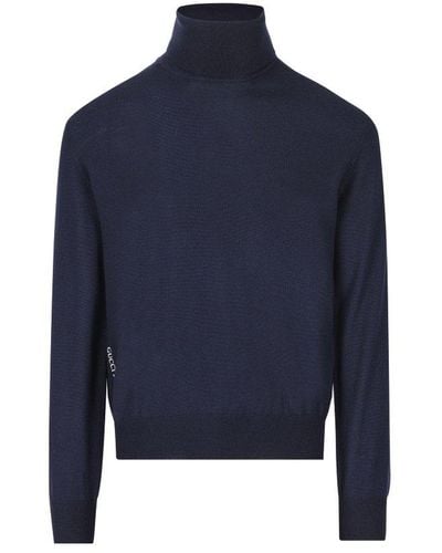 Gucci Logo Embroidered Roll Neck Jumper - Blue