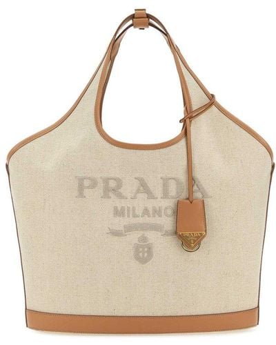 Prada Logo-detailed Large Top Handle Bag - Natural