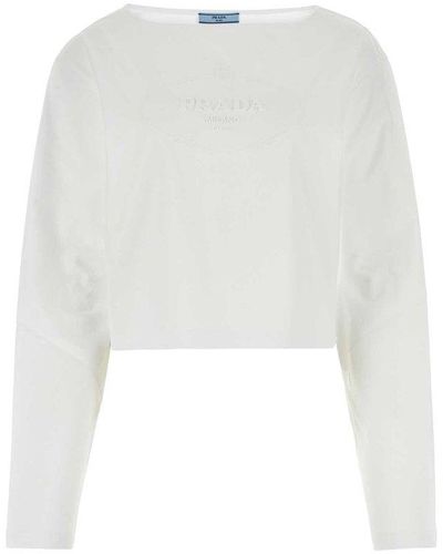 Prada Logo Embossed Boat Neck Sweatshirt - White