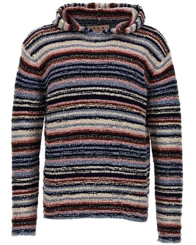 Marni Striped Hooded Knitted Sweater - Grey