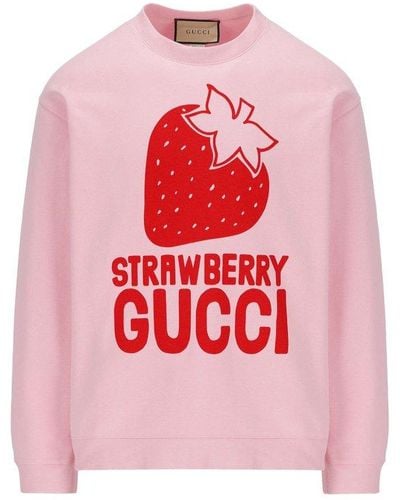 Gucci Strawberry Logo Printed Crewneck Sweater - Pink