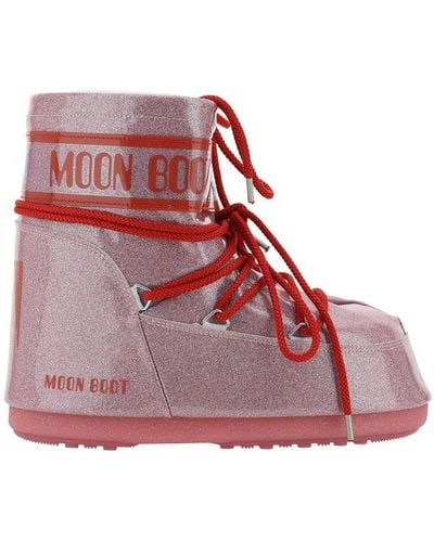 Moon Boot Icon Low Glitter Lace-up Boots - Red