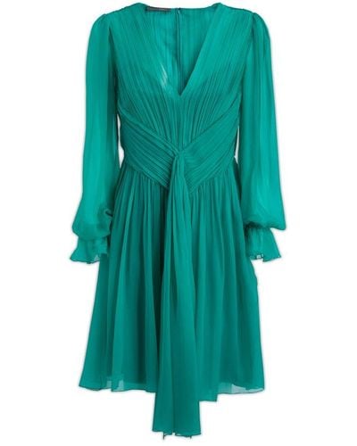 Alberta Ferretti Pleated V-neck Mini Dress - Green