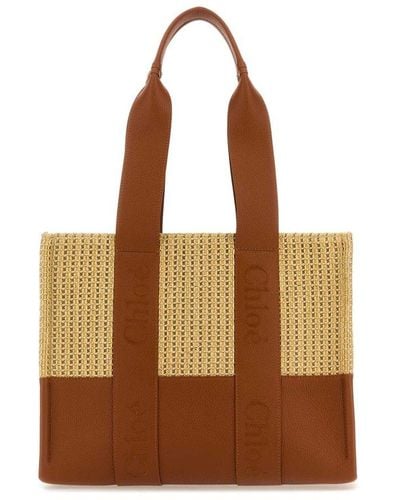 Chloé Two-Tone Raffia And Leather Medium Woody Shopping Bag - Brown