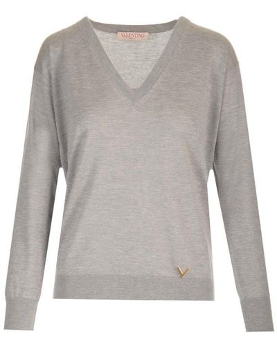 Valentino V-neck Knitted Jumper - Grey