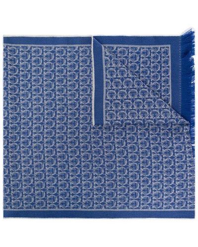 Ferragamo Wool Scarf With Monogram - Blue