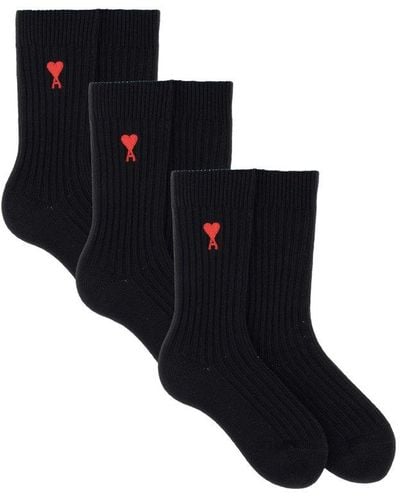 Ami Paris Set Of Three Socks With Logo Unisex - Black