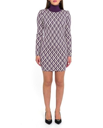 Elisabetta Franchi Ikat-pattern Roll-neck Knitted Mini Dress - Purple