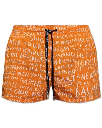 Balmain All-over Logo Printed Drawstring Swim Shorts - Orange