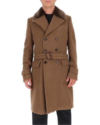 Dolce & Gabbana Fur Collar Belted Coat - Brown