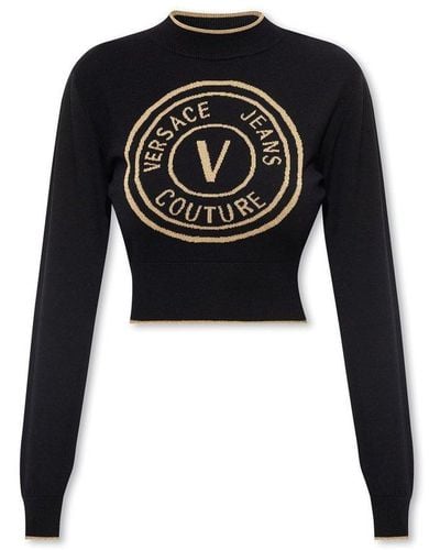 Versace Cropped Sweater With Logo - Black