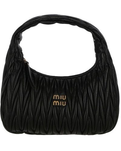 Miu Miu Logo Lettering Zipped Hobo Bag - Black