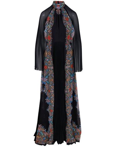 Etro Long Black Pleated Dress With Floral Paisley Print