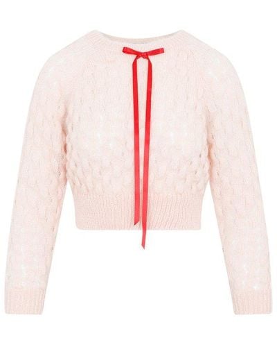 Simone Rocha Long Sleeve Bubble Knit Sweater Bow Detail Pullover Sweater - Pink