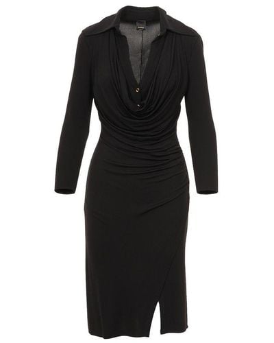 Pinko Gathered Long-sleeved Draped Midi Dress - Black