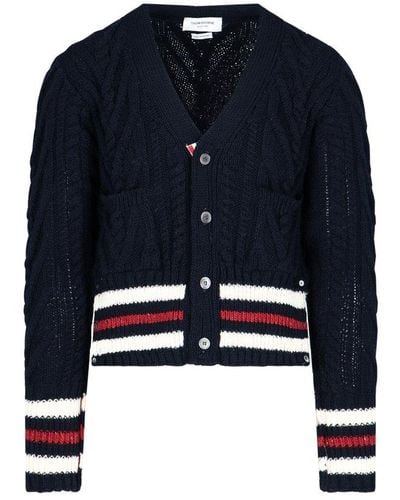 Thom Browne Striped Cable Knit Cardigan - Blue