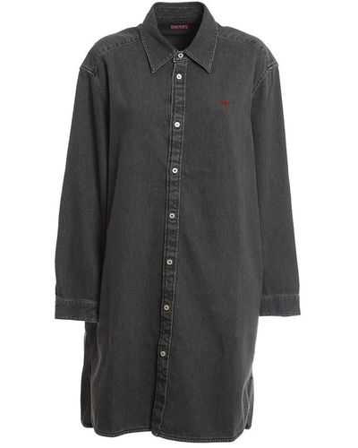 DIESEL Logo Embroidered Button Up Shirt Dress - Gray