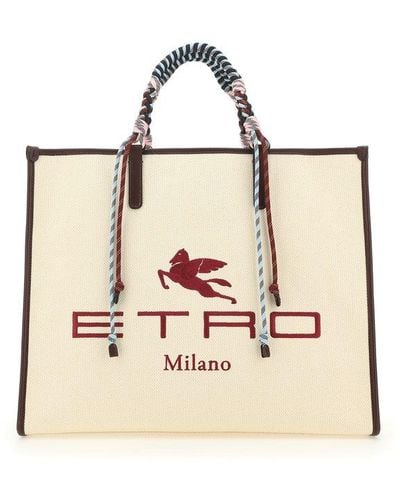 Etro Logo Embroidered Top Handle Bag - Natural