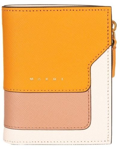 Marni Logo Detailed Panelled Zipped Wallet - Orange