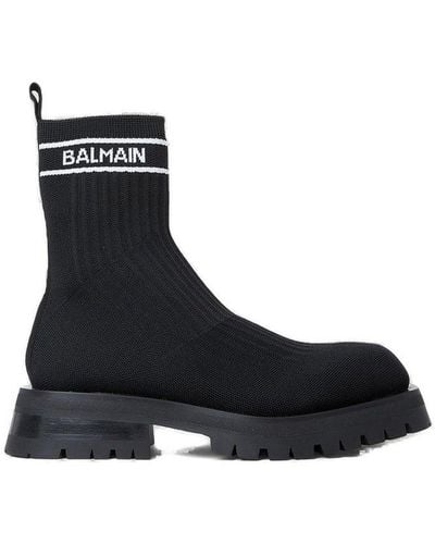 Balmain Square Toe Knitted Chelsea Ankle Boots - Black