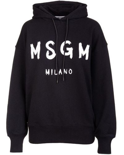 MSGM Woman Black Oversize Hoodie With White Logo - Blue