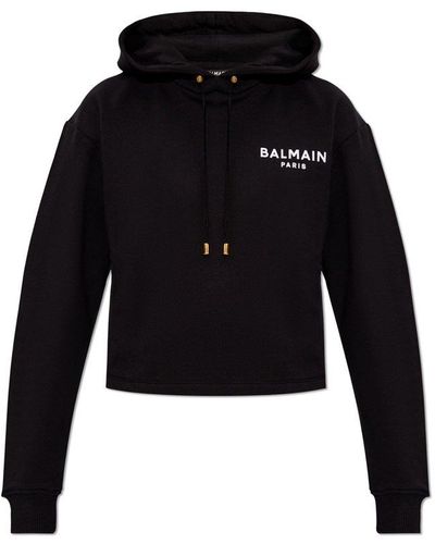 Balmain Flocked Logo Cropped Hoodie - Black
