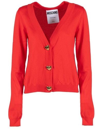 Moschino Heart Buttons V-neck Knitted Cardigan - Red