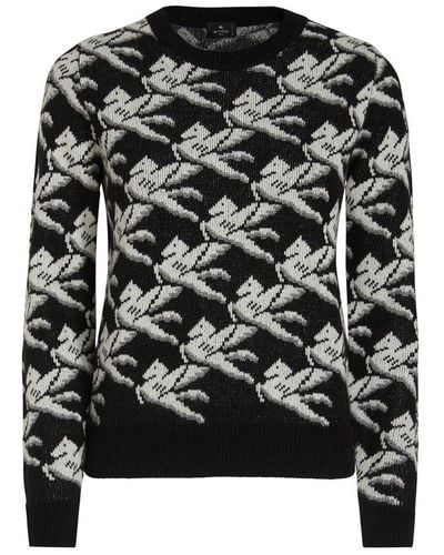 Etro Woman Black Knit Pullover With All-over Inlaid Pegasus