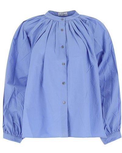 Co. Buttoned Balloon-sleeved Blouse - Blue